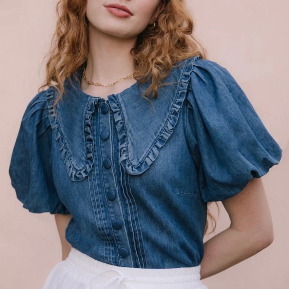 Ivy City Co Andrea Blouse Top Blue Denim S